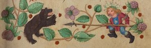 Cazador con guirnaldas a pie lanzando un oso, c. 1475-1485
