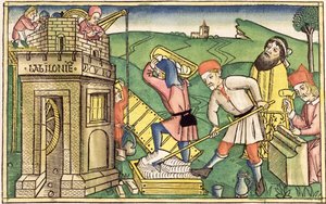 Génesis 11:1-9 Construcción de la Torre de Babel, de la Biblia de Núremberg (Biblia Sacra Germanaica) de German School