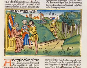 Génesis 27:6-29 Jacob recibe la bendición de Isaac, de la Biblia de Núremberg (Biblia Sacra Germanaica)