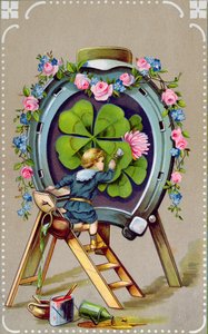 Tarjeta postal alemana que representa amuletos de buena suerte, enviada desde Hungría el 21 de mayo de 1911 de German School