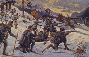 Tropas de esquí alemanas y austriacas en el paso de Dukla, Cárpatos, Primera Guerra Mundial