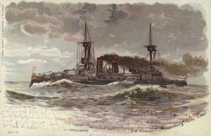 Acorazado alemán SMS Weissenburg, finales del siglo XIX o principios del XX (litografía en color)