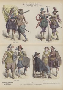 Trajes militares y burgueses alemanes, principios del siglo XVII (grabado coloreado) de German School