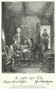 Filósofo y dramaturgo alemán discutiendo religión con Moses Mendelssohn y Johann Kaspar Lavater de German School