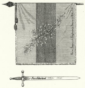 Bandera y espada de la fraternidad estudiantil alemana (grabado) de German School