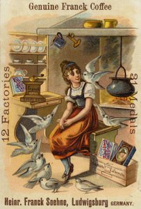 Niña con palomas, anunciando Genuine Franck Coffee