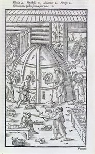Cristalería, ilustración que muestra el horno de mármol y sopladores de vidrio de German School