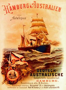 Hamburgo - Australia, póster publicitario de la Compañía de Vapores Alemana Australiana, 1889