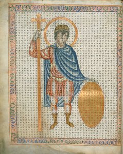 Harley 3045 fol.2 Emperador Luis I, el Piadoso, sosteniendo una cruz y un escudo, de 