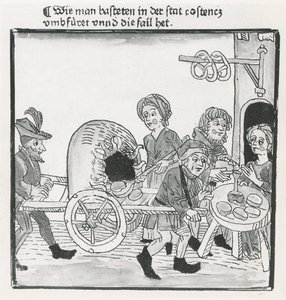 Vendedor de Panqueques y Pretzels, durante el Concilio de Constanza en 1417, después de un incunable, c.1485