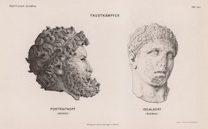 Cabezas de estatuas de boxeadores excavadas en Olimpia, Grecia