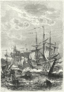 Enrique VIII y la flota inglesa desembarcando en Calais de German School