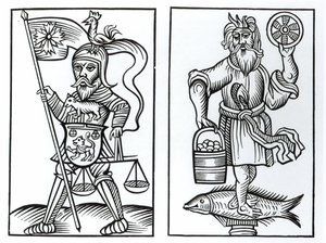 Hermensul o Irmensul (izquierda) y Crodon (derecha) ídolos de los antiguos sajones, después de un grabado en Annales Circuli Westphaliae de Herman Stangefol, publicado en 1656