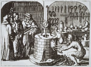Filósofos herméticos y un alquimista, de Museum Hermeticum por Michael Majer (1625) ilustrado en una historia de la magia publicado a finales del siglo XIX de German School