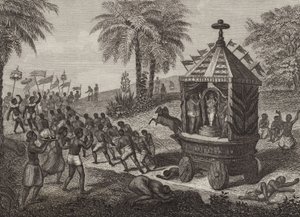 Adoradores hindúes tirando de un Carro de Juggernaut en la India Antigua. Ilustración para Bilder-Atlas