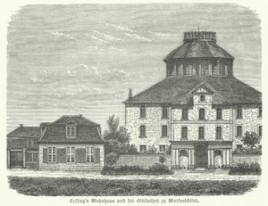 Hogar del filósofo y dramaturgo alemán Gotthold Ephraim Lessing y la biblioteca en Wolfenbüttel (grabado) de German School