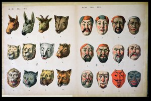 Máscaras de carnaval humanas y animales, página de un catálogo de fabricantes de Mannebach, Turingia, Alemania, c.1865 de German School