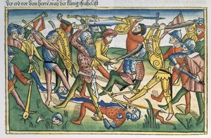 1 Samuel 28:1-2 Los filisteos guerrean contra Israel, de la Biblia de Núremberg (Biblia Sacra Germanaica)