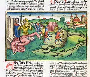 1 Samuel 5:1-11 Los filisteos capturan el Arca y son golpeados por la plaga, de la Biblia de Núremberg (Biblia Sacra Germanaica)