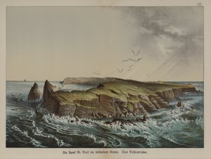 Isla Saint-Paul, isla volcánica en el Océano Índico (litografía a color) de German School