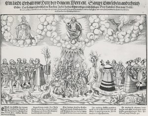 Ilustración del himno de Martín Lutero pidiendo la ayuda de Dios contra la obra mortal del Papa