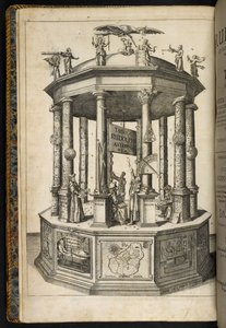 Frontispicio ilustrado que muestra un templo de Urania, la musa de la astronomía, de 
