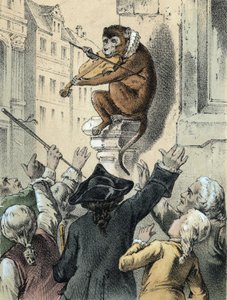 Ilustración de los cuentos de Franz Hoffmann “Cuentos y Fábulas - El mono y el violín”: un mono tocando el violín frente a una multitud. Cromolitografía del siglo XIX.