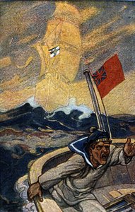 Ilustración de propaganda alemana de la revista Jugend durante la Primera Guerra Mundial. Un marinero inglés es aterrorizado por la aparición de un barco fantasma con la bandera del Reich de German School