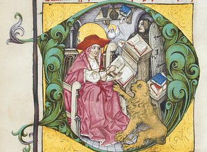 Inicial D de Epistolae Hieronymus, cartas y tratados de San Jerónimo, editado por Adrianus Brielis de German School