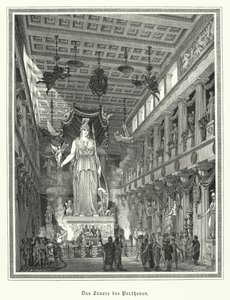 Interior del Partenón, Atenas, con la estatua colosal de la diosa griega Atenea de German School