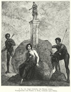 Io, custodiada por Argos Panoptes por orden de la diosa Hera, siendo observada por Hermes, enviado por Zeus para secuestrarla, pintura mural romana de German School
