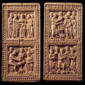 Encuadernaciones de marfil del Salterio de Dagulf: David, San Jerónimo. Fue encargado por Carlomagno al escriba Dagul (o Dagulfe) para el Papa Adriano I. Finales del siglo VIII. De Aquisgrán. París, Museo del Louvre