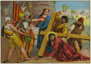 Jesús cayendo bajo el peso de su Cruz camino de su Crucifixión (litografía en color) de German School