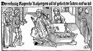 Prestamista judío con su familia recibiendo clientes, 1491 (grabado en madera) de German School