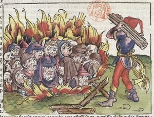 Judíos quemados en la hoguera, de la Crónica de Núremberg por Hartmann Schedel (1440-1514), 1493