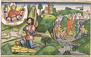 Jueces 6:36 Gedeón pone el vellón, de la Biblia de Núremberg (Biblia Sacra Germanaica) de German School