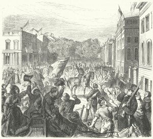El Rey Federico Guillermo IV de Prusia pasando frente a la Universidad de Berlín camino a asistir a un funeral masivo de civiles muertos en disturbios, 21 de marzo de 1848 (grabado) de German School