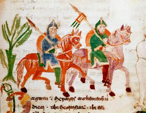 Caballeros con caballos Miniatura del manuscrito 