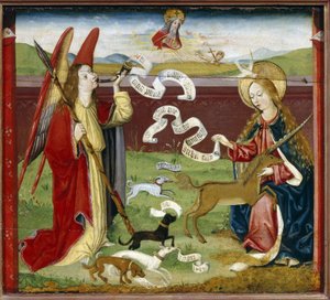 La Anunciación, la caza mística del unicornio (La Anunciación. La caza mística del unicornio). El Arcángel Gabriel sopla el mensaje divino en un cuerno a la Virgen María, quien recibe la paloma del Espíritu Santo (Espíritu Santo), mientras un unicornio de German School