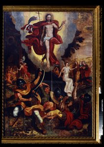 La Ascensión de Cristo (Resurrección). Sostiene una cruz de bastón (baton-croix) al final de la cual flota una bandera blanca (estándar) marcada con una cruz roja. A la izquierda, el descenso de Jesucristo al limbo. Pintura de un maestro al. de German School