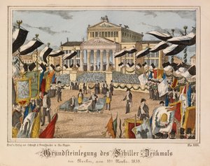 Colocación de la primera piedra del monumento a Schiller en Gendarmenmarkt, Berlín, 10 de noviembre de 1859, con el Schauspielhaus en el fondo, de Neuruppiner Bilderbogen, publicada por Oehmigle & Ri de German School