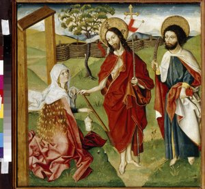 Cristo, María Magdalena y San Bartolomé (o Natanael, Apóstol) (Cristo, María Magdalena y San Bartolomé). Puede ser una representación de ""Noli me tangere"": la visión de Cristo resucitado en Santa María Magdalena. Jesucristo sostiene una cortina de German School