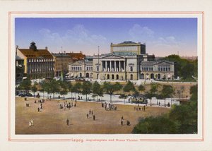 Leipzig, Augustusplatz y Neues Theater (litografía en color) de German School