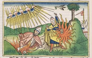 Levítico 10:1-2 Nadab y Abiú ofrecen fuego profano y mueren, de la Biblia de Núremberg (Biblia Sacra Germanaica)