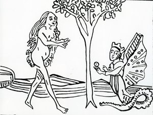 Lilith, alada y coronada, con cola de serpiente, ofrece la manzana a Eva, de 