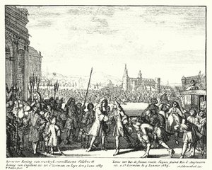 Luis XIV de Francia dando la bienvenida a Jacobo II de Inglaterra en el exilio de German School