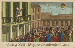 Luis XVIII Rey de Francia en París, pub. 1814 (grabado coloreado a mano) de German School