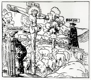 Lutero (1483-1546) y Hus (1369-1415) con Cristo en el redil, c.1520-21 de German School
