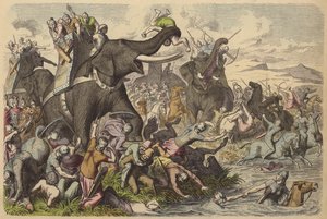 Macedonios usando elefantes de guerra en una batalla con los Dacios y Sármatas de German School