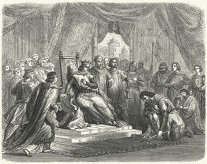 Malcolm IV de Escocia rindiendo homenaje a Enrique II de Inglaterra en Chester de German School